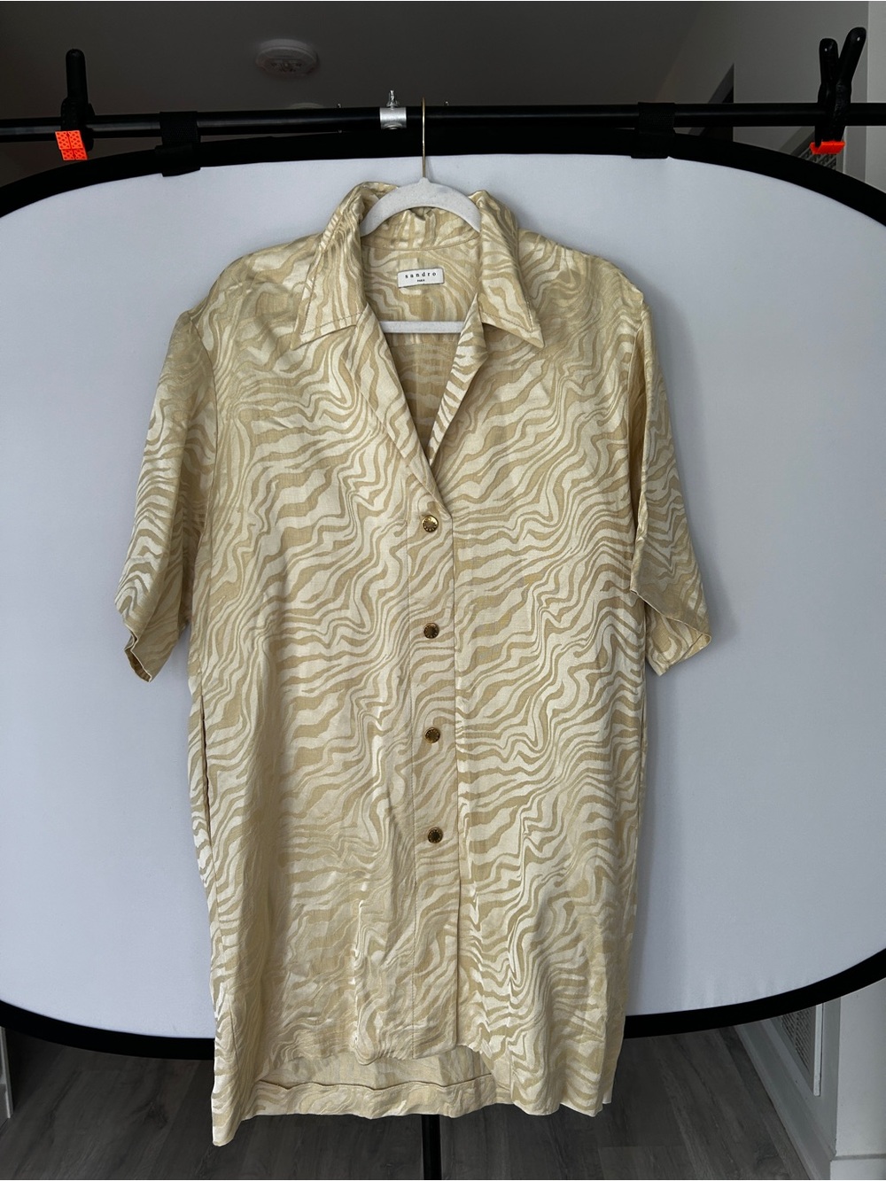 Sandro Beige and Cream Short-Sleeve Button-Down Shirt